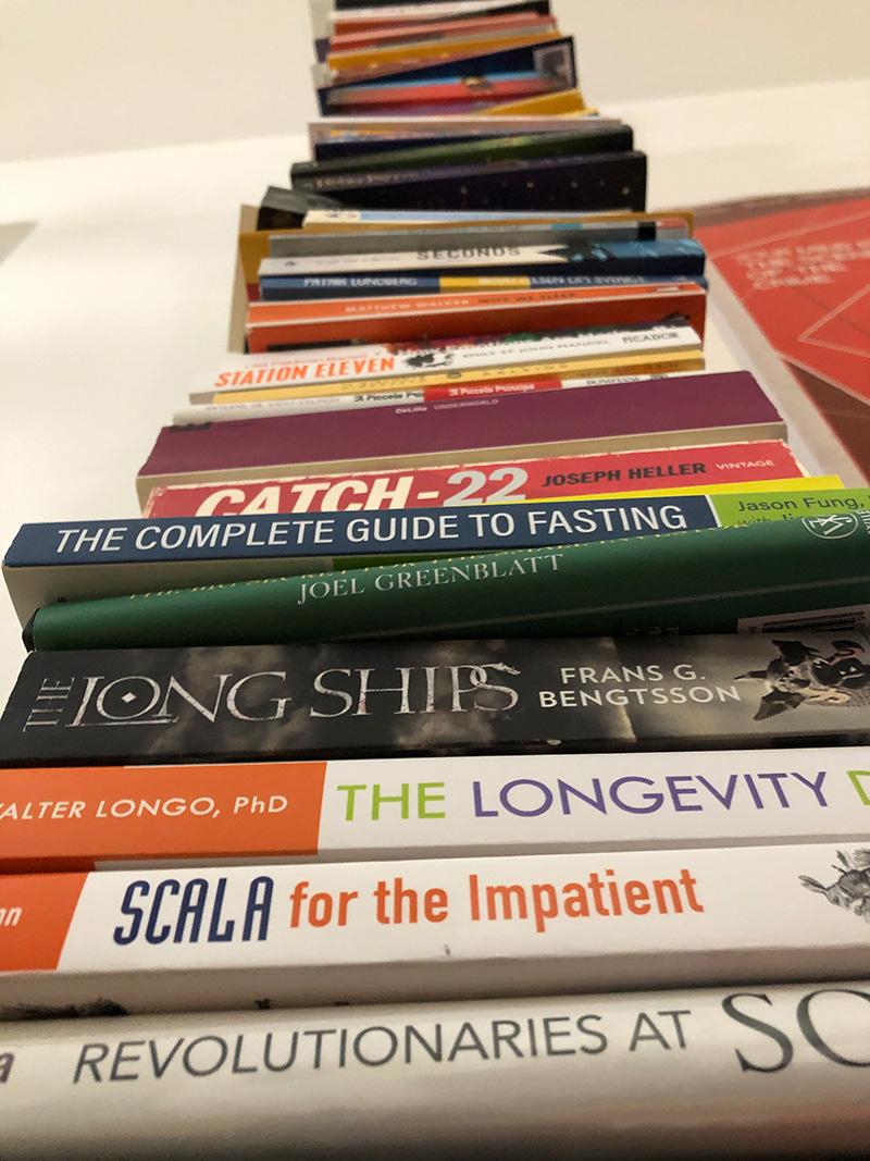 An intimidating tower of books